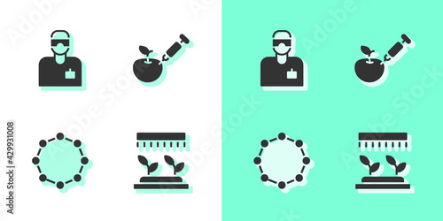 Set Automatic irrigation sprinklers, Laboratory assistant, Chemical formula and Genetically modified apple icon. Vector