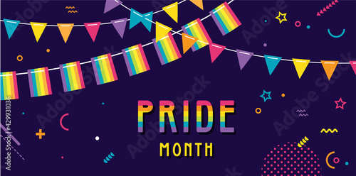 LGBT Pride Month in June poster and banner. Lesbian Gay Bisexual Transgender. Celebrated annual pride month. LGBT flags, Rainbow and love concept. Human rights and tolerance. Poster, card, banner and 