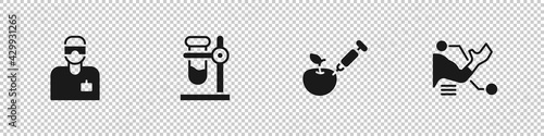 Set Laboratory assistant, Test tube flask on stand, Genetically modified apple and Prosthesis hand icon. Vector