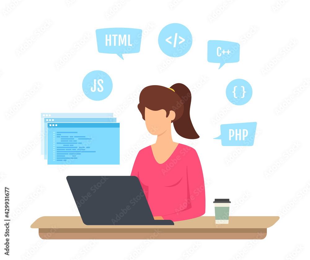 Programming and software, website and application development. Young girl programmer sitting at desk. Vector illustration. Programming and software, website and application development. Young girl programmer sitting at desk. Vector illustration.