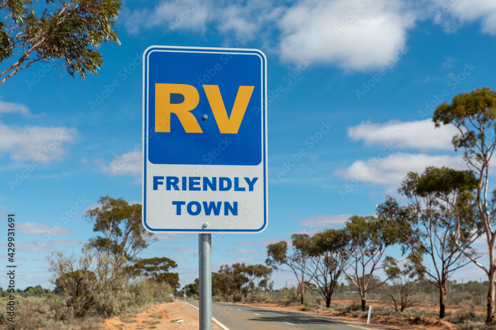 Australian road sign RV friendly Town in rural area of Australian Outback Recreation Vehicle Welcome as caravans and mptprhomes