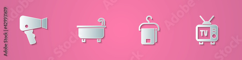 Set paper cut Hair dryer, Bathtub, Towel on hanger and Retro tv icon. Paper art style. Vector