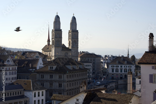 Protestant church Grossmünster (German, translation is great minster) at the old town of Zurich. Photo taken April 23rd, 2021, Zurich, Switzerland.