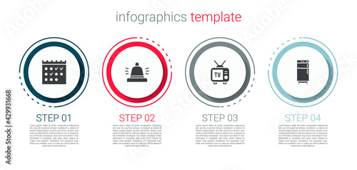 Set Hotel booking calendar, service bell, Retro tv and Refrigerator. Business infographic template. Vector