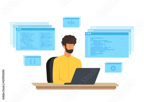 Programming concept, website coding. Engineer programmer is working at the desk. Vector illustration.