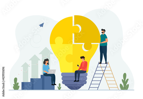 Teamwork concept with building lightbulb puzzle. Team metaphor. Business people teamwork. Flat vector illustration isolated on white background.