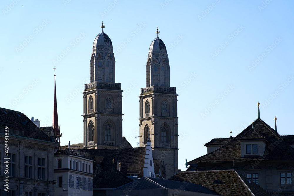 Protestant church Grossmünster (German, translation is great minster) at the old town of Zurich. Photo taken April 23rd, 2021, Zurich, Switzerland.