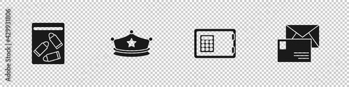 Set Evidence bag and bullet, Police cap with cockade, Safe and Envelope icon. Vector