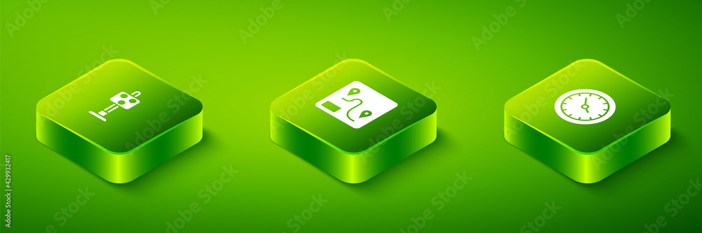 Set Isometric Route location, Train station clock and traffic light icon. Vector Set Isometric Route location, Train station clock and traffic light icon. Vector