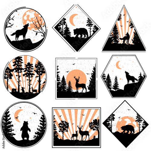 sketch of a forest landscape in a round frame with animals. silhouette. vector.ps