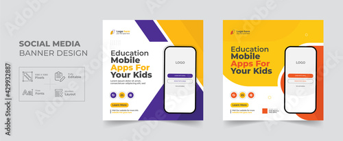 Education Mobile apps promotion social media post and web banner template, Corporate Business kid School advertisement cover banner design layout photo