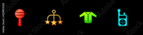 Set Rattle baby toy, Baby crib hanging toys, clothes and Monitor Walkie Talkie icon. Vector