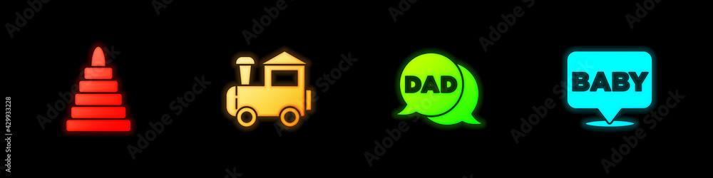 Set Pyramid toy, Toy train, Speech bubble dad and Baby icon. Vector Set Pyramid toy, Toy train, Speech bubble dad and Baby icon. Vector
