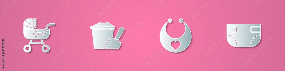 Set paper cut Baby stroller, Sand in bucket with shovel, bib and absorbent diaper icon. Paper art style. Vector