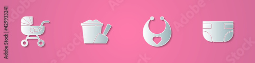 Set paper cut Baby stroller, Sand in bucket with shovel, bib and absorbent diaper icon. Paper art style. Vector