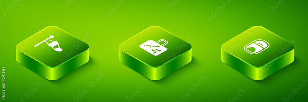 Set Isometric Suitcase, Airplane window and Cone meteorology windsock icon. Vector Set Isometric Suitcase, Airplane window and Cone meteorology windsock icon. Vector