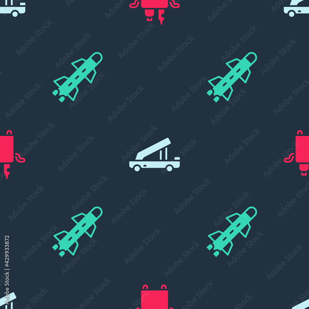Set Trolley for food, Passenger ladder and Rocket on seamless pattern. Vector Set Trolley for food, Passenger ladder and Rocket on seamless pattern. Vector