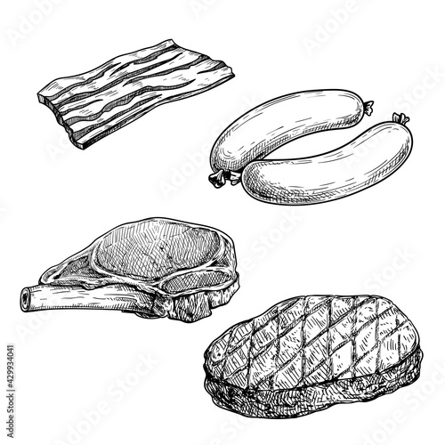 Meat sketch set. Bacon slice, sausages, pork steak with rib and grilled beefsteak. Butchery hand drawn illustrations for menu and market designs. Isolated on white background.