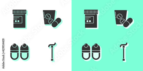 Set Walking stick cane, Medicine bottle and pills, Slippers and or tablet icon. Vector