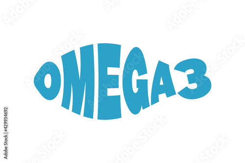 Word Omega 3 in a shape of fish. Fish oil health benefits concept. Text in a form of fish. Omega−3 fatty acids. EPA, DHA food supplements. Sea food diet. Trans fat. Vector illustration, flat, clip art