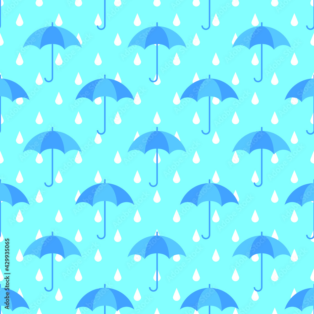 Umbrellas and raindrop on blue background seamless pattern. Vector illustration.