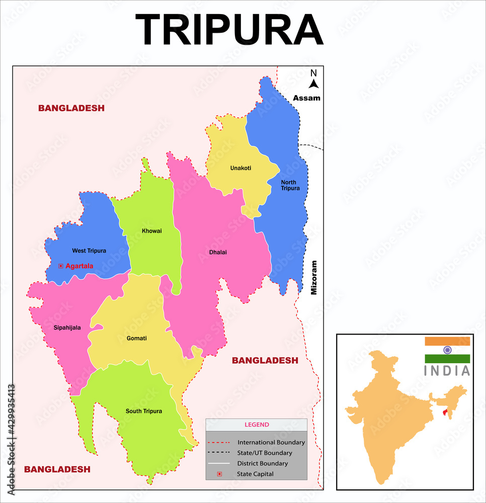 Illustrazione Stock Tripura map. Showing State boundary and district