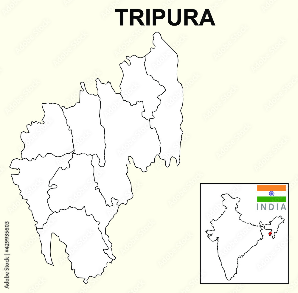 Tripura map. Highlight the Tripura map on the India map with a boundary line. Tripura district map white color.
