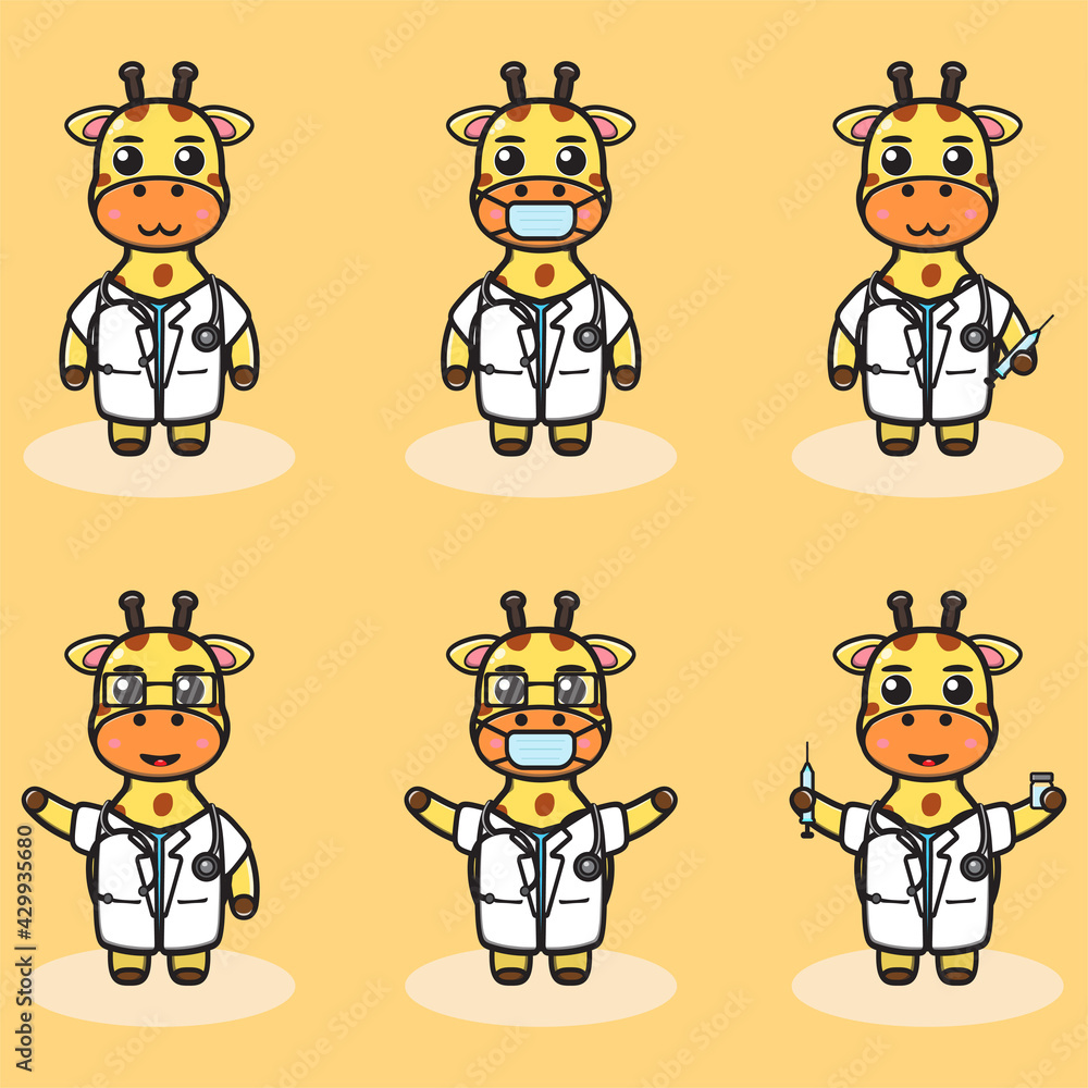 Vector illustration of cute Giraffe Doctor cartoon. Cute Giraffe expression character design bundle. Vector illustration of cute Giraffe Doctor cartoon. Cute Giraffe expression character design bundle.