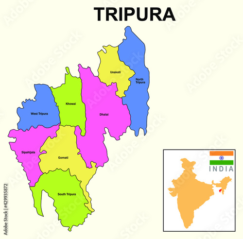 Tripura map. Showing State boundary and district boundary of Manipur map. Political map tripura