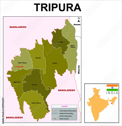 Tripura map. Showing State boundary and district boundary. Political map tripura.