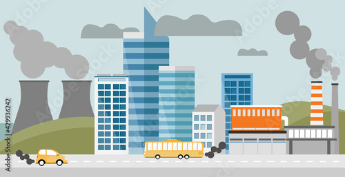 Polluted city landscape. Nuclear plants, factories and pipes with smoke. Environmental, air pollution by factories and cars. Ecological concept. Flat style vector illustration.  