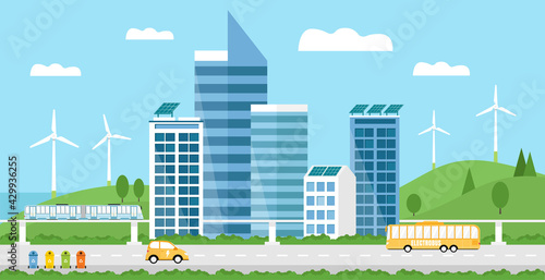 Green Eco friendly smart city landscape. Skyscrapers,solar panels, windmills, waste bins, electrocar, train, and electrobus.  Renewable energy, waste recycling. Ecological concept.Modern city. Vector