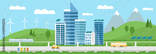 Green Eco friendly smart city landscape. Skyscrapers,solar panels, windmills, waste bins, electrocar, train, and electrobus.  Renewable energy, waste recycling. Ecological concept.Modern city. Vector