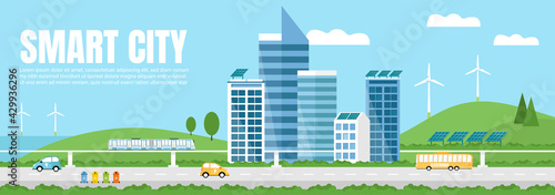 
Green Eco friendly smart city landscape. Skyscrapers,solar panels, windmills, waste bins, electrocar, train, and electrobus.  Renewable energy, waste recycling. Web banner, template.