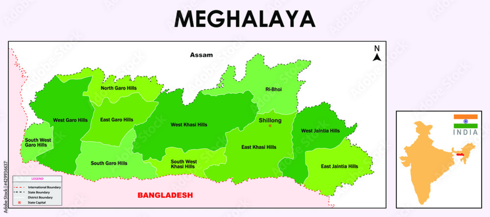 Meghalaya Map. District map of Meghalaya. Meghalaya map with all district name in green colour. Meghalaya in India map in 2020