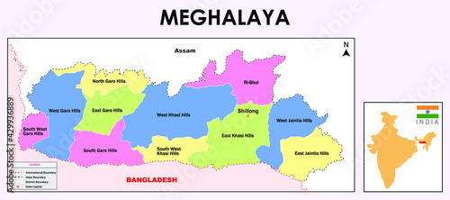 Meghalaya Map. Meghalaya administrative and political vector map in India.