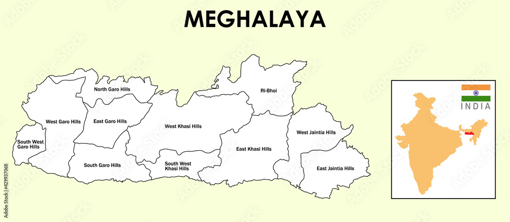 Meghalaya Map. District map of Meghalaya. Meghalaya map with all district name in white colour. Meghalaya in India map in 2020