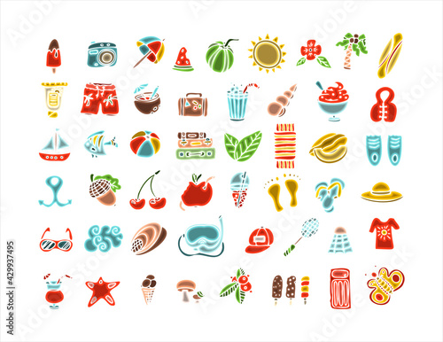 A Big vector doodle summer set. Hand draw accessories for beach holidays by the sea. Flat design Illustration for ads, web, flyers, and banners. Set of drawn by hand icons. Summer fruits, food