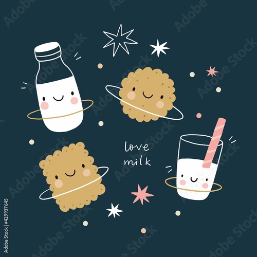 Cute cartoon milk and cookies in space. Sweet planet - planet cookie, planet milk and stars