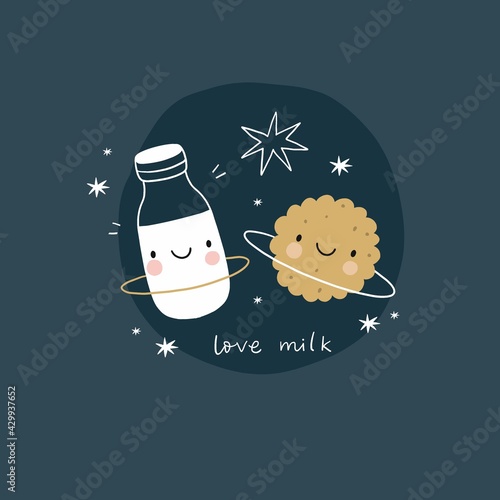 Cute cartoon milk and cookies in space. Sweet planet - planet cookie, planet milk and stars