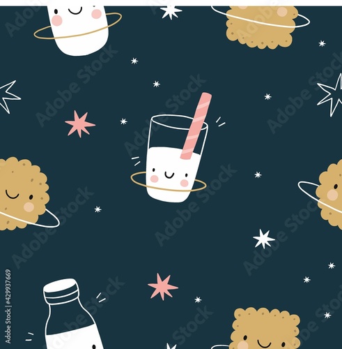 Cute cartoon milk and cookies in space. Sweet planet - planet cookie, planet milk and stars. Seamless pattern