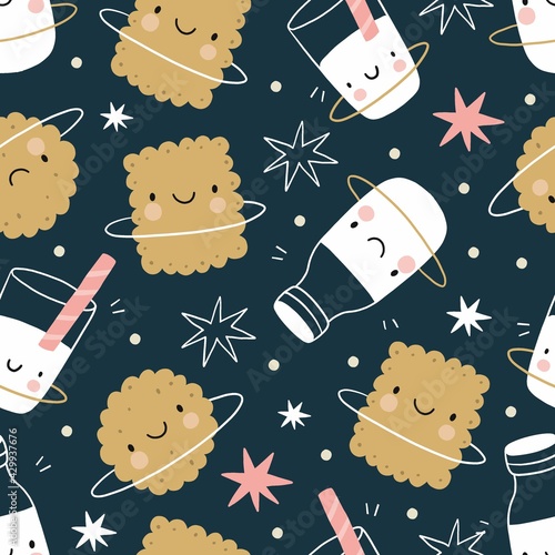 Cute cartoon milk and cookies in space. Sweet planet - planet cookie, planet milk and stars. Seamless pattern