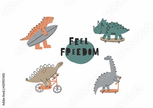 Cute cartoon dino on a skateboard, bike, surf, scooter in flat style. Dinosaur summer set