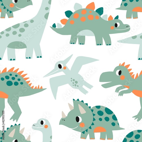 Cute doodle dino. Cartoon illustration dinosaur for children. Vector seamless pattern with cute dino in flat style