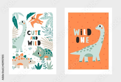 Cute doodle dino. Cartoon illustration dinosaur for children. Vector print with cute dino in flat style