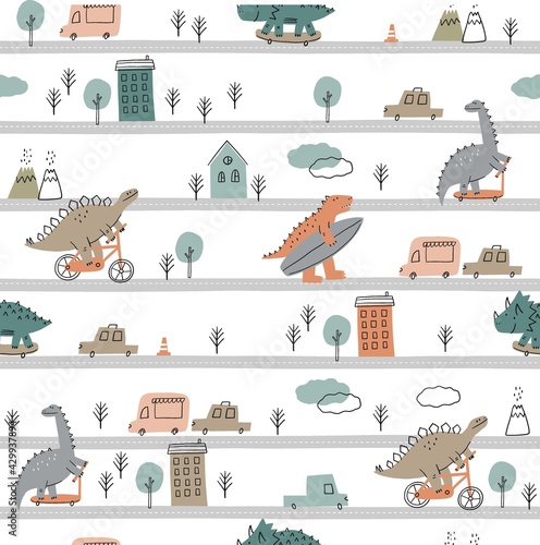 Cute cartoon dino on a skateboard, bike, surf, scooter in flat style. Dinosaur summer seamless pattern