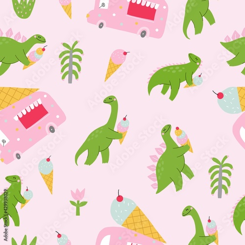 Cute comic dinosaurs and ice cream. Cute cartoon dino for kids t-shirt prints. Green and pink - Vector seamless pattern illustration. Dino and ice cream car 