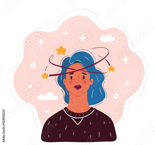 Vector illustration of woman with vertigo on pink backround