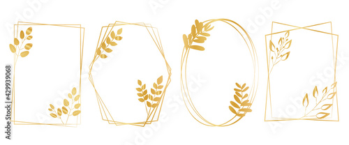 Golden geometric vector frames with leaves. Thin line seamless frames for luxury premium design. Vector illustration. ゴールドリーフフレームセット、カード、フレーム、招待状デザイン素材
