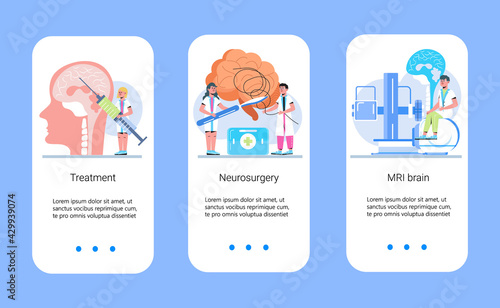 Neurology healthcare, MRI vector concept vector app templates set. Anatomical knowledge science of brain and senses diseases. Encephalogram, EKG concept vector.